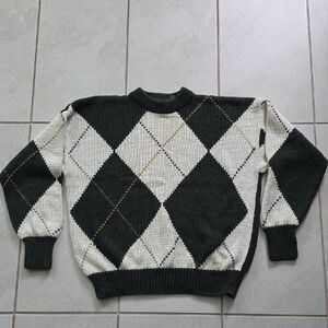 Structure Argyle Sweater Men’s XL Black Cream Vintage Style Crewneck